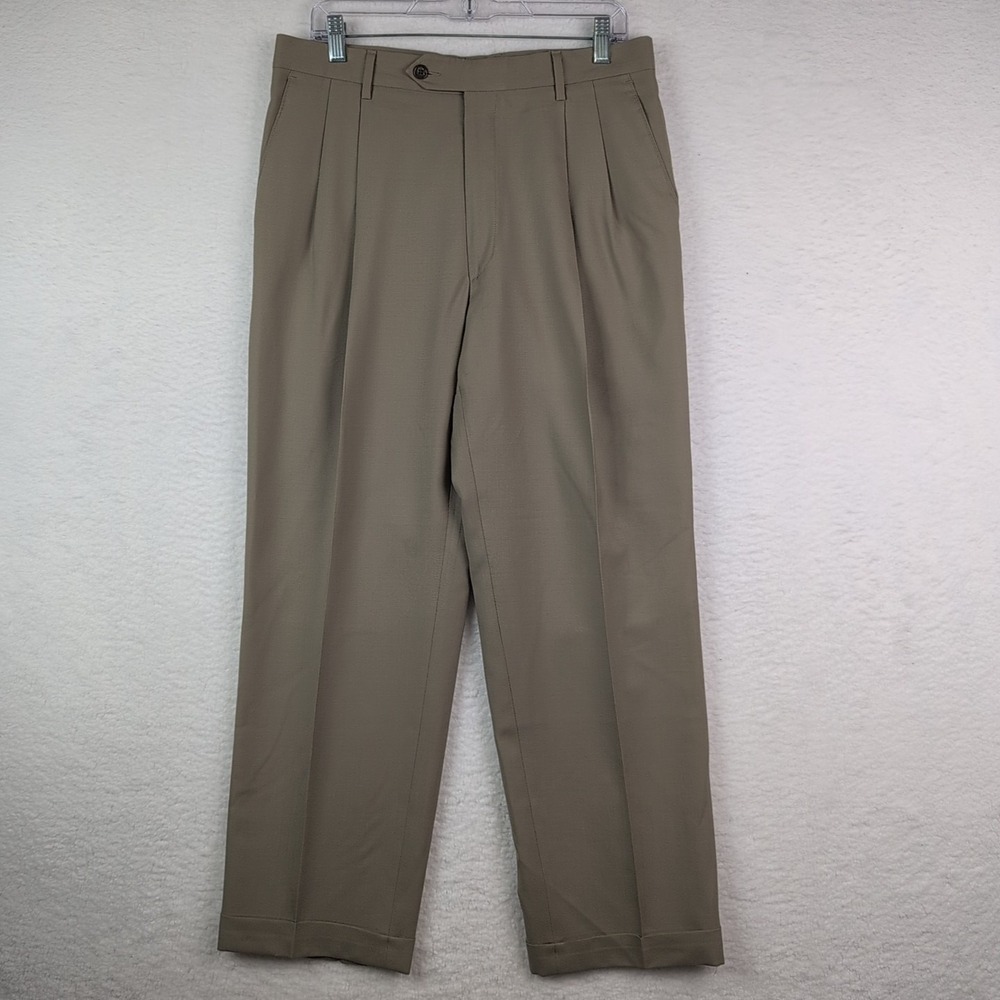 Berle Pants‎ Mens 35R Tan Wool Dress Pleated Cuffed Straight  33x29.5